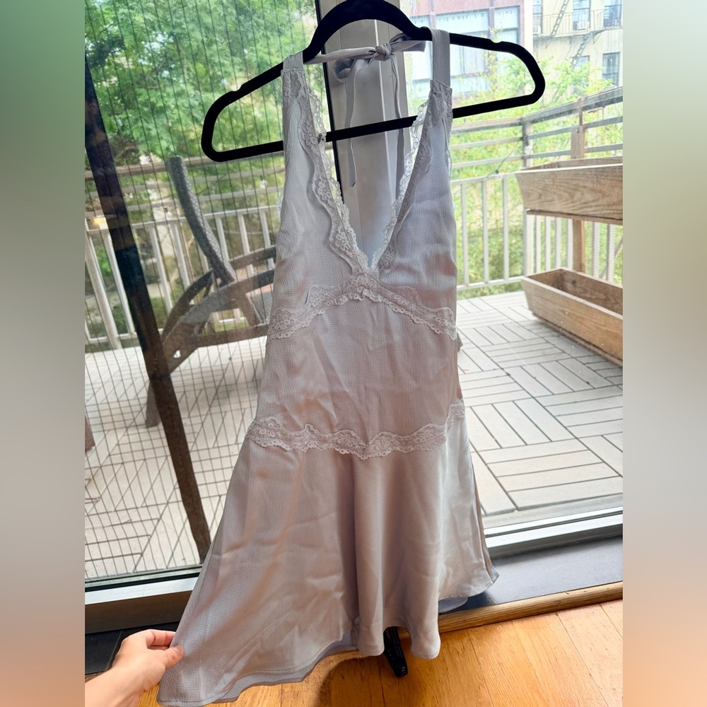 Rare London Light Blue Satin Lace Halter Slip Dress